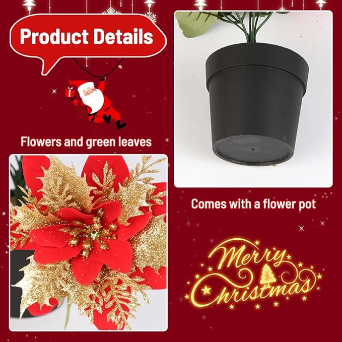 Poinsettia Artificial Christmas Flowers in Pot 7 Heads, 2PCS 13.8 Inch Fake Poinsettias Plants for Home Porch Office Indoor Outdoor Christmas Winter Decorations