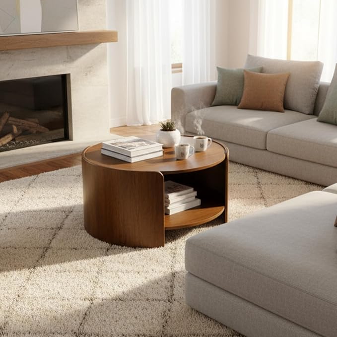 DUOMAY Wood Coffee Table, 31.5" Round Coffee Table with Storage Shelf Mid Century Modern Center Table for Living Room Apartment, Walnut Color