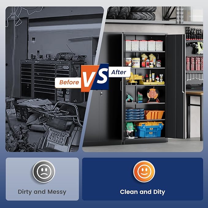 Yizosh Metal Storage Cabinet with Lock - 72" Garage Storage Cabinet with 2 Locking Doors and 5 Adjustable Shelves, Black Steel Lockable for Office,Home,Garage