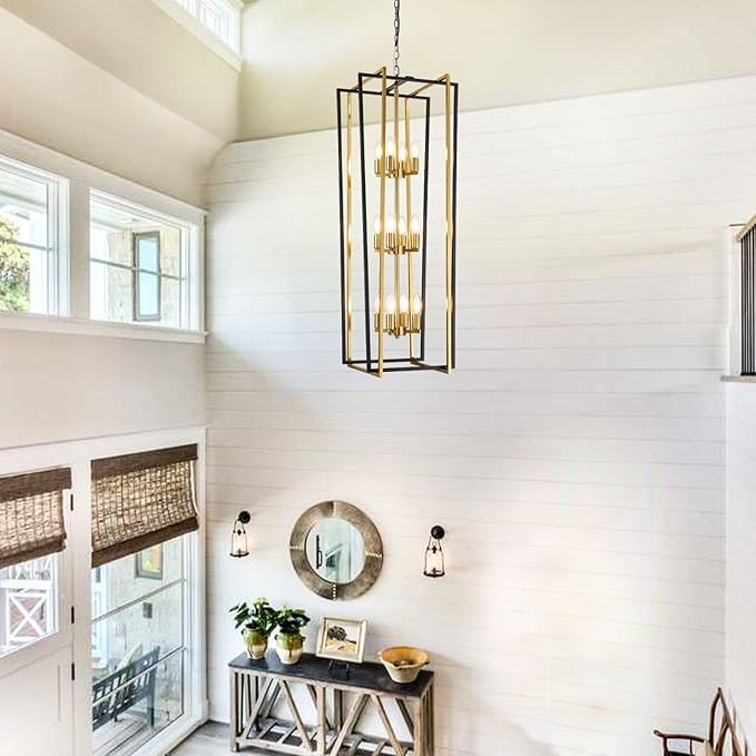 WJShome Stylish 12-Light Tiered Lantern Pendant Light Fixtures - Majestic Large Foyer Chandeliers for High Ceilings, Black & Gold Long Chandeliers Perfect for Your Farmhouse Entryway!