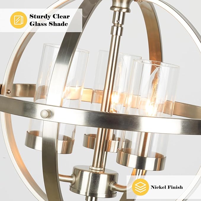 Treekee Chandeliers for Dining Room, 13.4'' Nickel Modern Orb Chandelier, 3-Light Hanging Light Fixture, Adjustable Pendant Light Fixture for Living Room Entryway Foyer