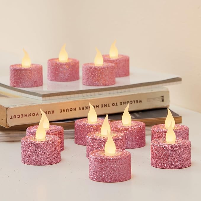FURORA LIGHTING Pink Glitter LED Tealight Candles Pack of 12, Flameless Flickering Tealight Candles for Home Décor, 1.5’’(W) x 1.65’’(H), Battery Operated