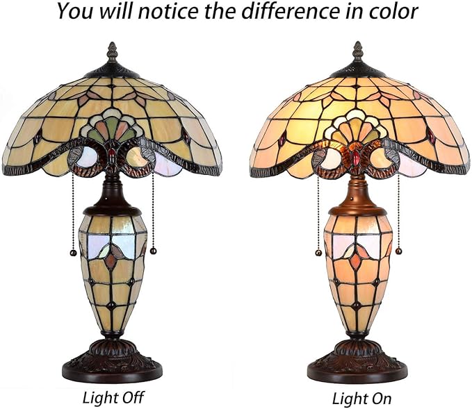 Bieye L10799 Baroque Tiffany Style Stained Glass Table Lamp, Lighted Base, 14" W x 21" H