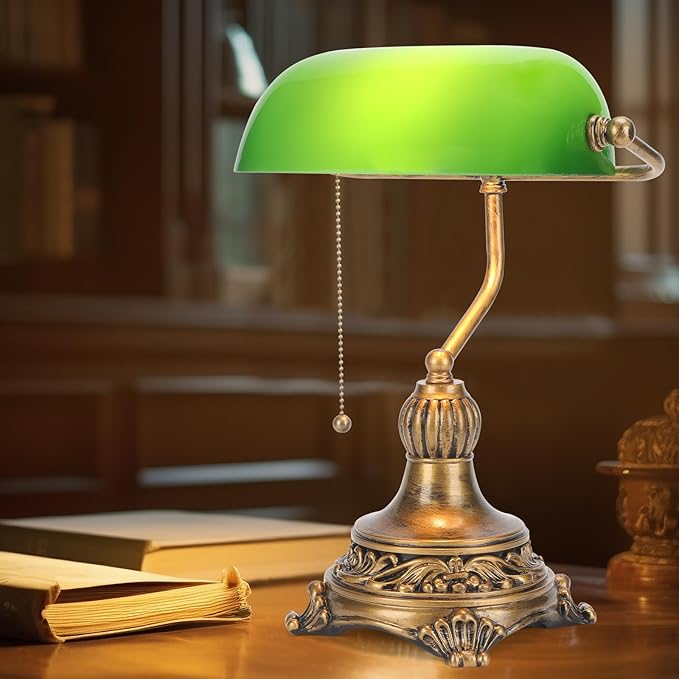 NISSAFORS Bankers Lamp with Pull Switch, Green Glass Desk Lamp with Retro Black/Gold Finish, Vintage Table Lamps for Living Room, Library, Piano(Green)