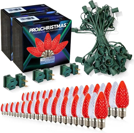 Pro Christmas C9 LED Christmas Light Kit for Rooflines & Pathways – DIY Cut to Length, Outdoor Commercial Grade (Green Wire w/Vampire Plugs, 50 Bulbs, 50 ft) Cool White and Red