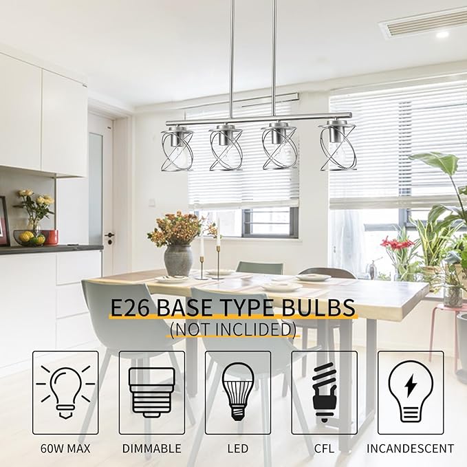 Kitchen Island Light, 4-Light Dining Room Lighting Fixtures Hanging, Farmhouse Linear Pendant Light for Kitchen Island Table Living Room with Adjustable Rods, Brushed Nickel
