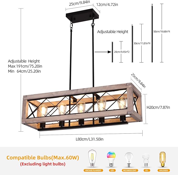Rectangle Wood Chandelier Farmhouse Style Kitchen Pendant Lighting Over Island 5 Light 31 Inch Dining Room Light Fixture Adjustable Height Pendant Light for Dining Room Bar Pool Table.