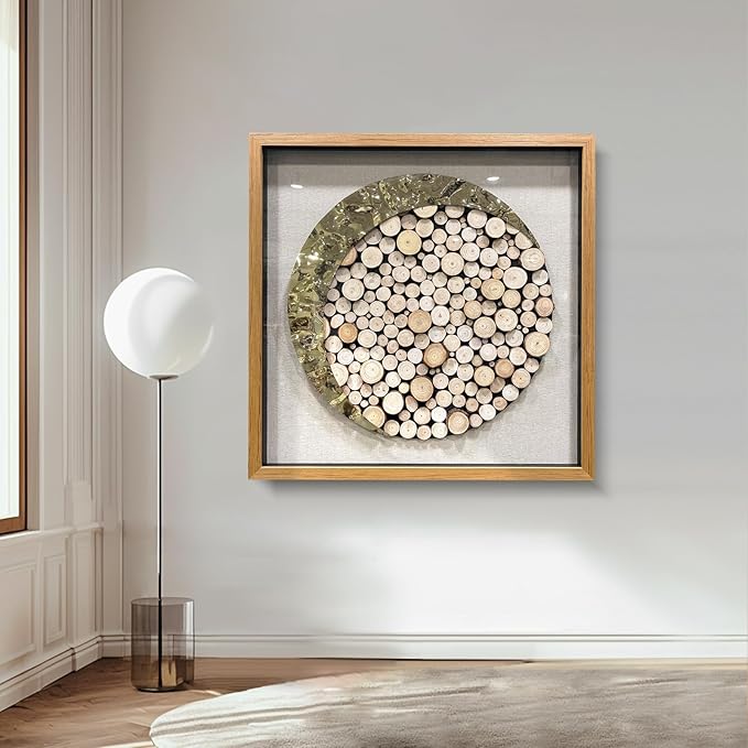 BrightA 3D Square Framed Nature Art - Gold Patina Metal Meets Circular Solid Wood Block Texture, Minimalist Contrast Wall Decor for Calming Spaces 31.5"x31.5"