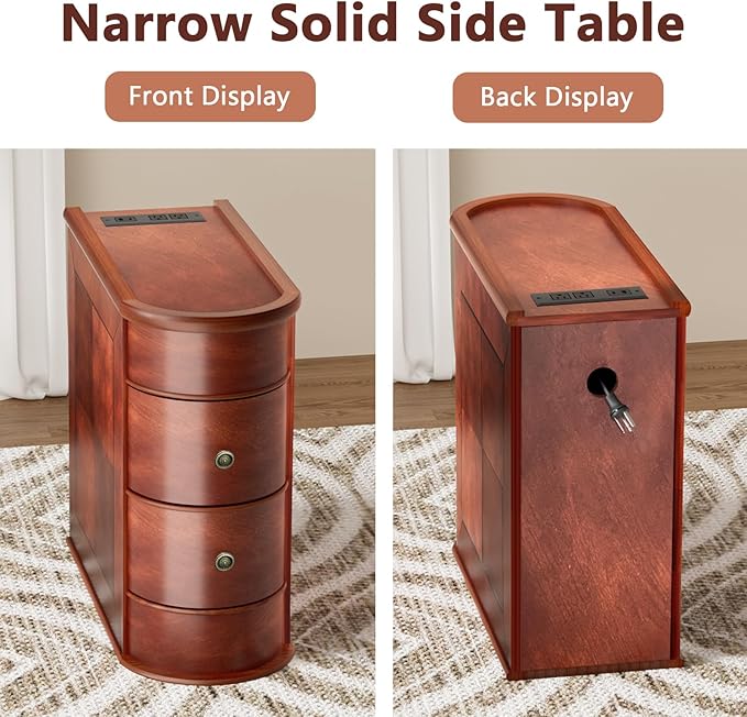 ROOMTEC Solid Wood End Table with Charging Station,Narrow Side Table with USB Ports and Outlets,No Assembly,Slim Chair Side Table,Narrow Sofa Side Table for Living Room Bedroom(2 Pack)
