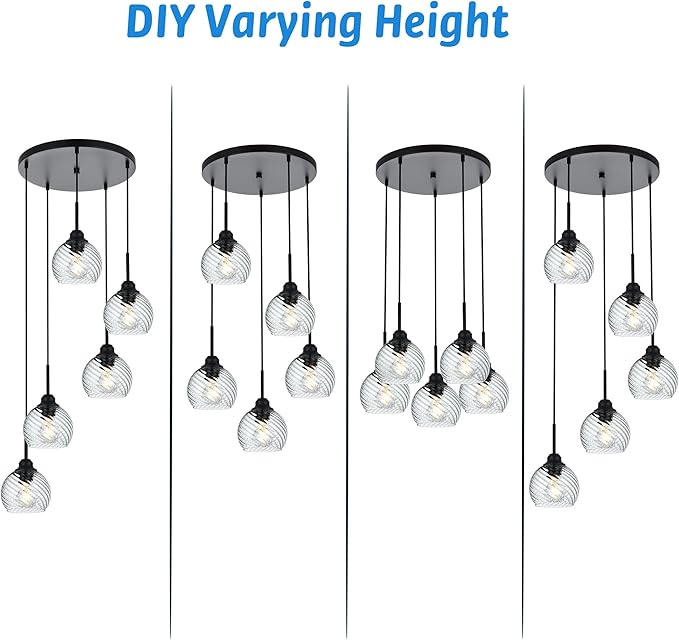 5 Light Cluster Pendant Light with Striped Swirl Globe Glass Black Pendant Lighting for Kitchen Island, Modern Dining Room Light Fixtures Over Table Hanging Ceiling Light, E26 Base
