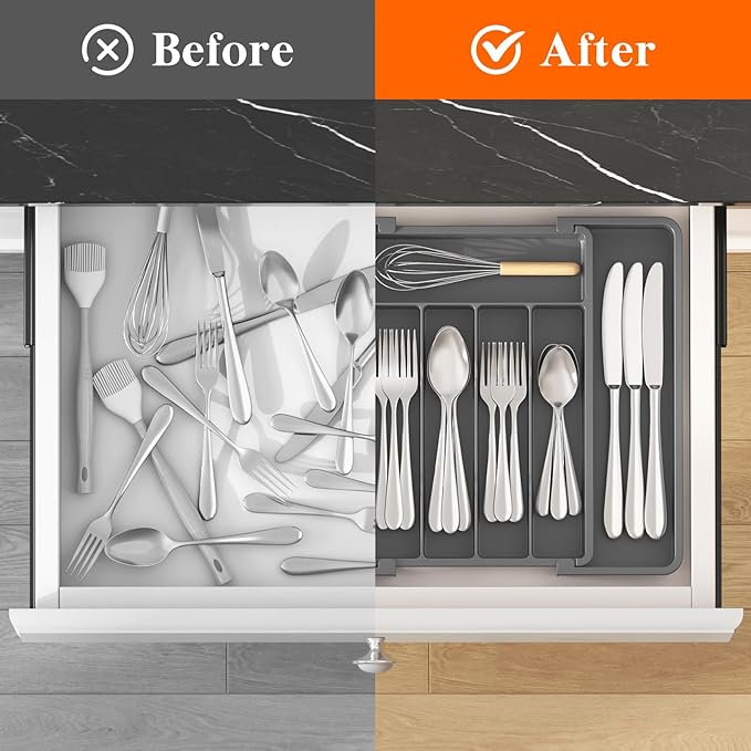 Lifewit Silverware Drawer Organizer, Expandable Utensil Tray for Kitchen, BPA Free Flatware and Cutlery Holder, Adjustable Plastic Storage for Spoons Forks Knives, 8.5"-14.1" x 12.1", Dark Gray