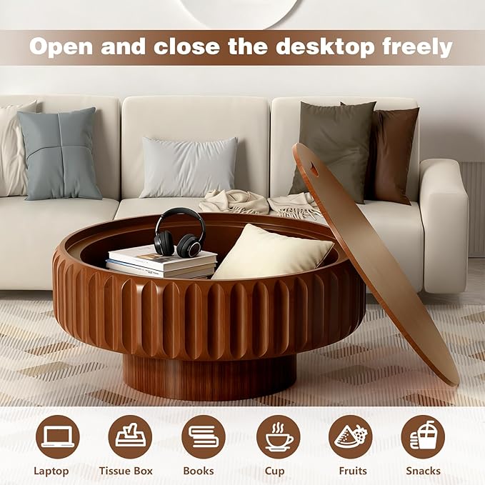 31.5in Drum Coffee Table with Storage Modern Unique Fluted Tea Table Contemporary Round Coffee Table with Fluted Center Table for Small Space Apartment(31.5in)
