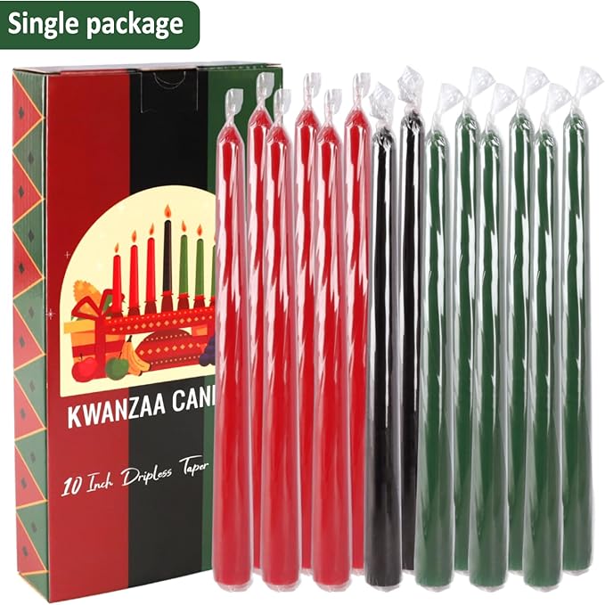 Set of 14 Kwanzaa Taper Candles, 6 Red, 6 Green, 2 Black Mishumaa Saba Candle Set, 10 Inch Dripless Tall Candle Stick for Kwanzaa, 7-7.5 Hour Burn Time