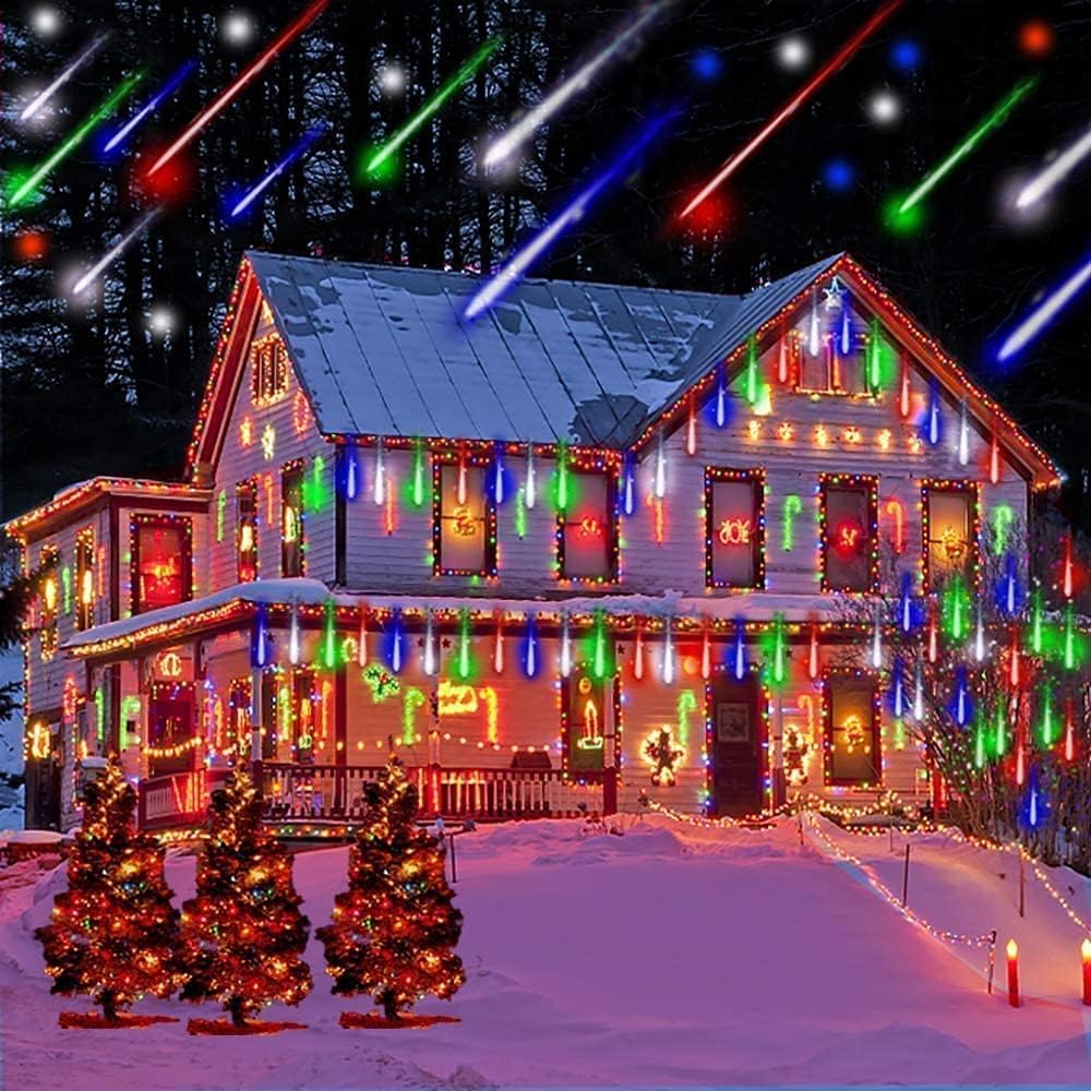 Christmas Lights Outdoor Tree Cascading Icicle Lights 12 inch 8 Tubes Shooting Star Waterfall Meteor Shower Falling Rain Light for Holiday Decorations Wedding Party New Year (Multi Color)