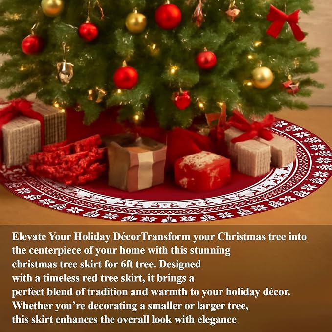Christmas Tree Skirt 48 Inches | Red Xmas Tree Skirt with Rustic Snowflake & Reindeer Pattern, Fits 5 to 7 Foot Trees, Perfect Christmas Decorations for Holiday Trees.