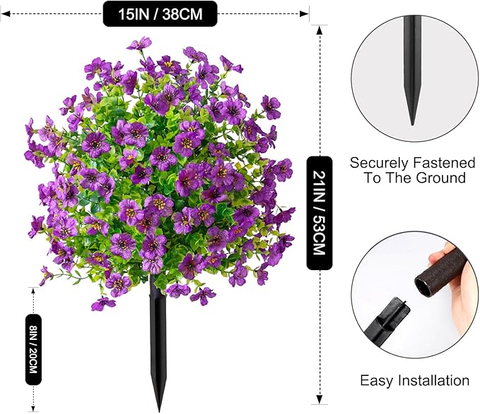 2Pcs 23.6" Artificial Boxwood Topiary Ball with Flowers Plants with Ground Spikes for Outdoor UV Resistant Realistic Fake Bushes Plants for Garden Yard Front Porch Patio Decor (Violet Purple)