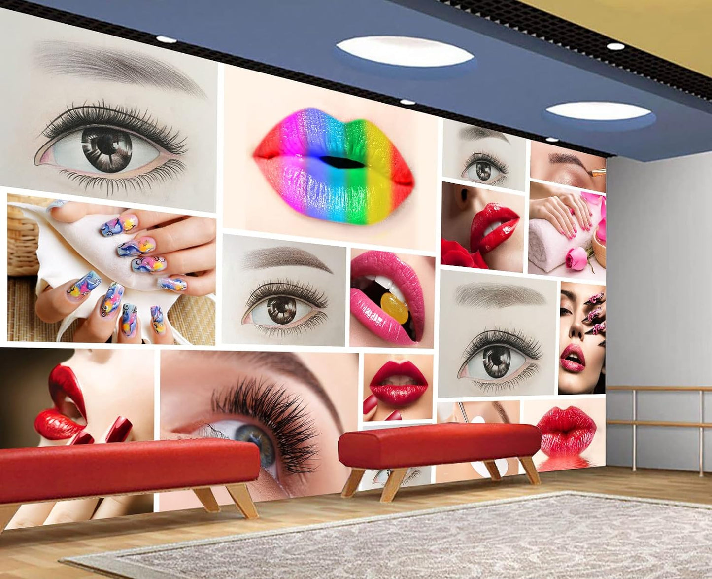Beauty Salon Nail Enhancement Lipstick Eyelashes Wall Mural Wallpaper 178" x 117"