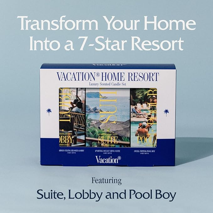 Vacation Sunscreen Home Resort Scented Candle Set, Premium Soy Blend Wax, 85-Hour Long Burning, Luxury Gift Set for Women & Men, 8 Oz. Each (Pack of 3)