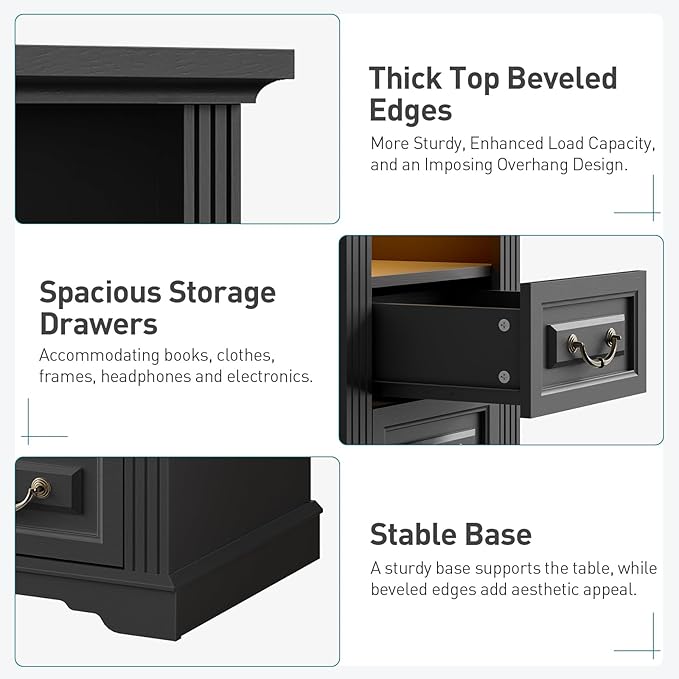 Farmhouse Nightstand Set of 2, Wooden Night Stand with Charging Station, LED Bedside Table with Drawers, Rustic Sofa Side Table, End Table for Bedroom, Living Room, Black