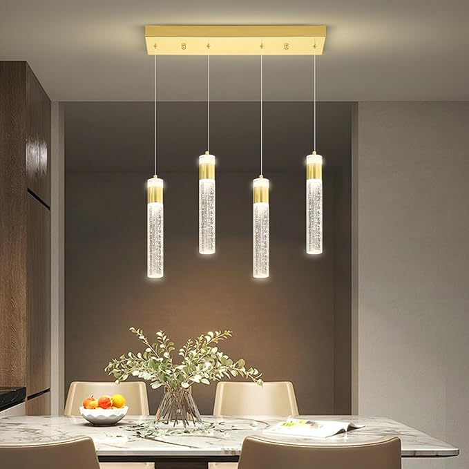 4-Light Crystal Column Chandelier Crystal Pendant Light Kitchen Island Modern Dimmable LED Ceiling Light for Dinning Room Living Room 32W Gold