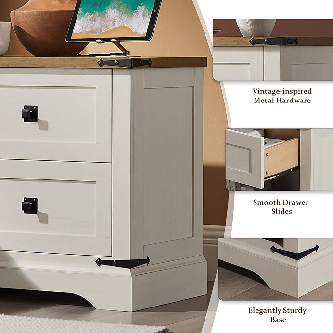 T4TREAM 24" Farmhouse Nightstand with Charging Station, Large End Table with 2 Storage Drawers, Rustic Wood Sofa Bedside Table for Bedroom, Antique White