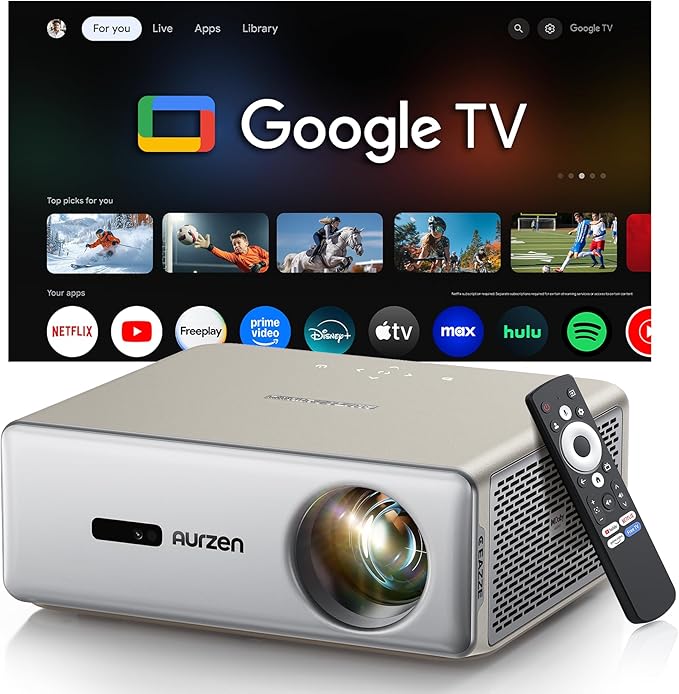 Aurzen EAZZE D1 MAX Upgraded Google TV Smart Projector 4K Supported, 1000 ANSI Lumens, MEMC Tech, Fully Automatics, 20W Dolby Audio, Home Theater Movie Projector with WiFi and Bluetooth, Off-white