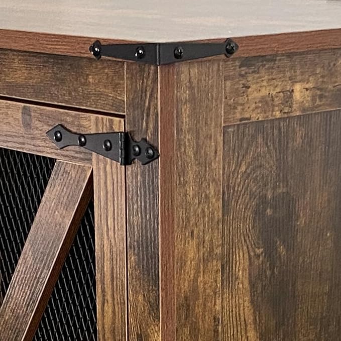 21.1" Farmhouse End Table Set of 2 with Charging Station and Mesh Barn Door, Rustic Wood Nightstand with Storage Shelf for Living Room & Bedroom, Brown