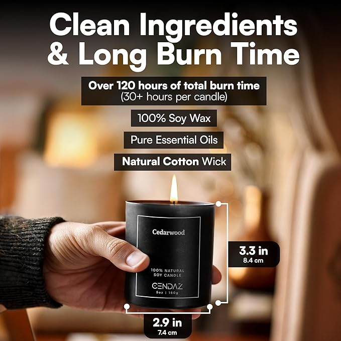 Mens Candle Set 4 Pack with Snuffer Included Soy Scented Candles for Men Vanilla Cedarwood Mahogany Sandalwood 120h Total Burn Luxury Gift for Bedroom Black Home Decor Masculine Aroma Jar Candle Kit