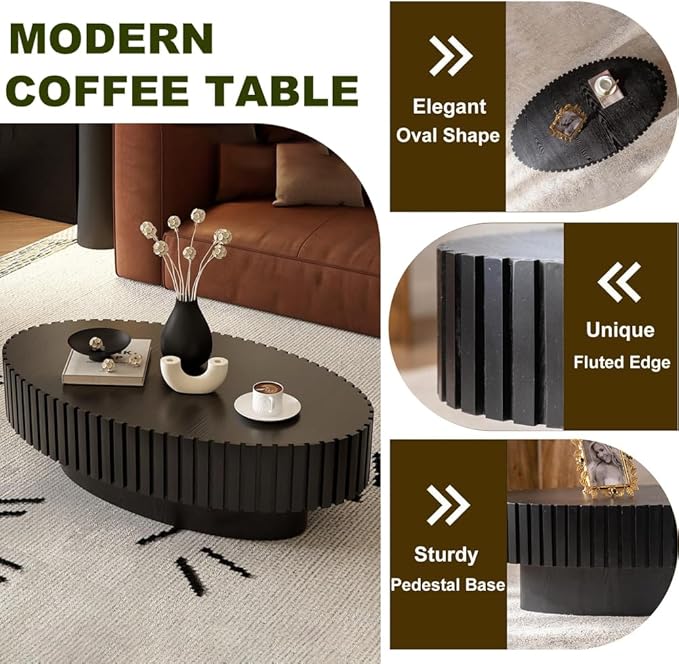 Oval Drum Coffee Table 43.3" Wooden Coffee Tables Modern Handcrafted Fluted Drum Center Table Farmhouse Tea Table with Pedestal for Living Room Small Space,Oval Black 43.3"