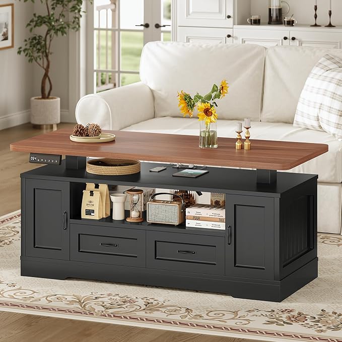 SEDETA 47.2" Electric Standing Coffee Table with Storage, Farmhouse Lift Top Coffee Table with Drawers and Open Shelves, Height Adjustable Tables with Power Outlet, for Living Room, Black