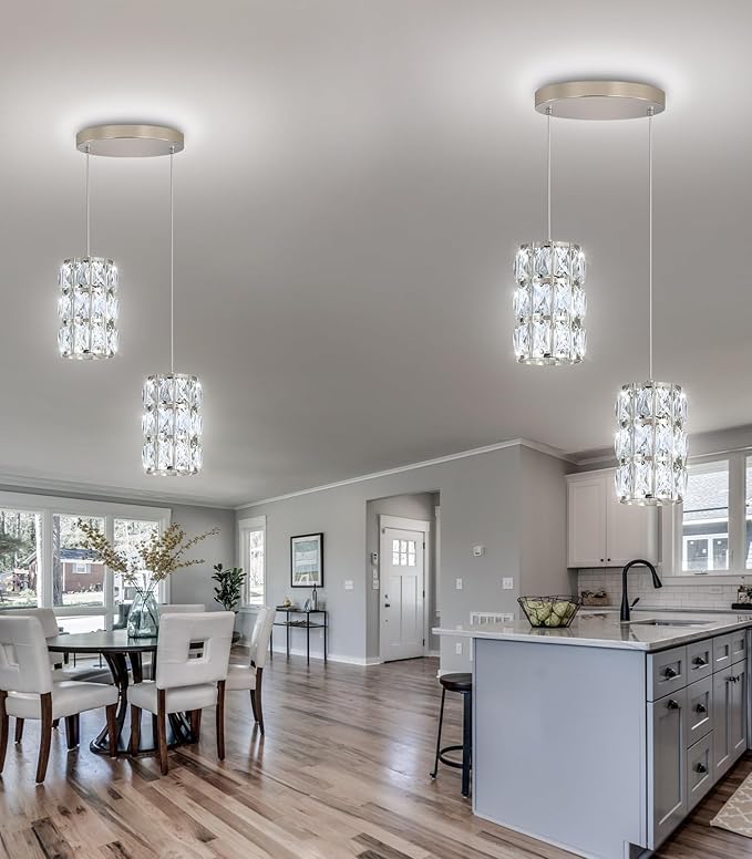 2-Lights Modern Crystal Pendant Lights for Kitchen Island LED Dimmable Glam Pendant Lighting Chandelier for Dining Room Hallway Corner Lamp Nickel