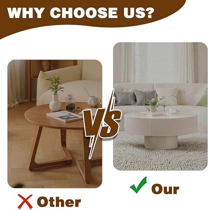 Round Drum Coffee Table White Round Fluted Coffee Table Circle Center Table Pedestal End Table for Apartment (Cream White)