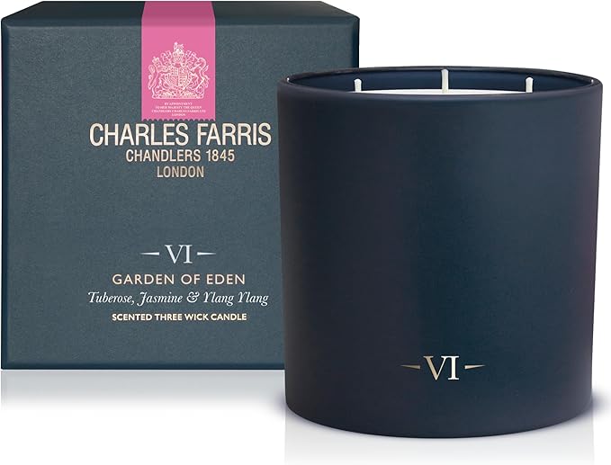 Charles Farris Luxury Scented Candle – 3 Wick, Hand-Poured, Long Lasting, Clean Burning, 640g / 22.5oz, Up to 80 Hours of Burn Time, Made in England – Tuberose, Jasmine & Ylang Ylang – Garden of Eden