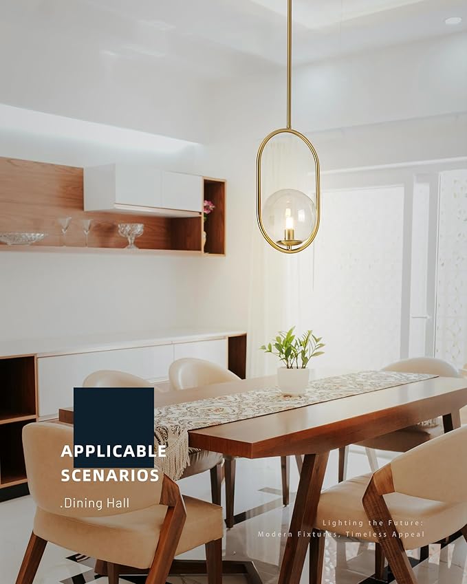 Gold Pendant Light Fixtures - 1-Light Pendant Light Fixture for Kitchen Island with Clear Glass - Modern Hanging Lights for Dining Room H9376-CLBG