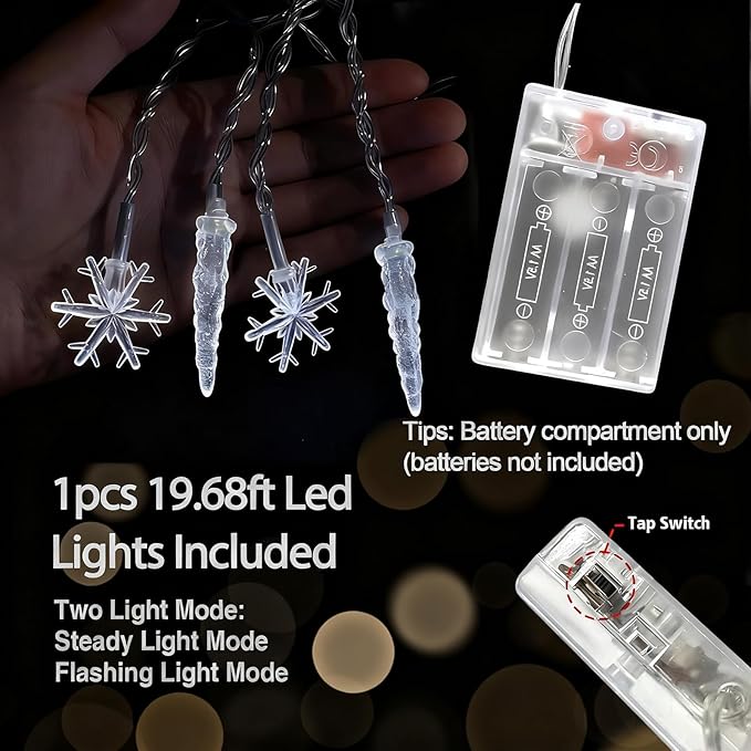 Christmas Icicle Lights Indoor，20ft 40 LED Icicle String Lights Battery Operated Powered Christmas Lights for Indoor Winter Christmas Decorations