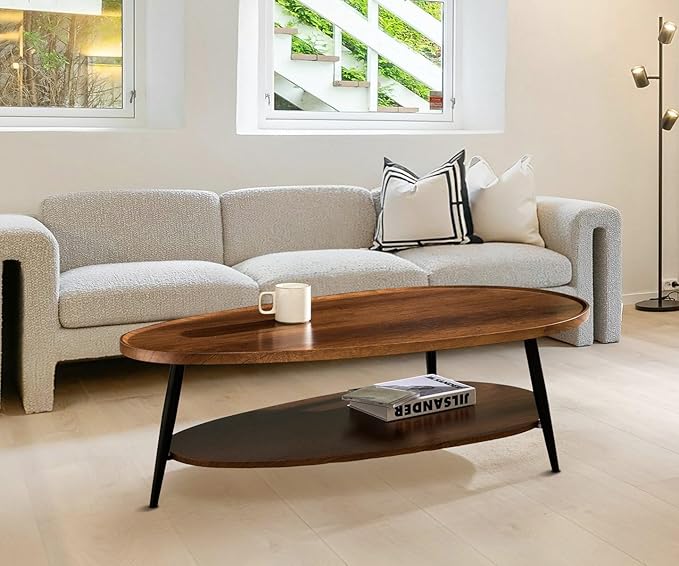 AGV Oval Coffee Table with Storage Shelf, 47" Mid Century Modern Coffee Table for Living Room, Walnut Wood Finish MDF Top with Black Metal Legs