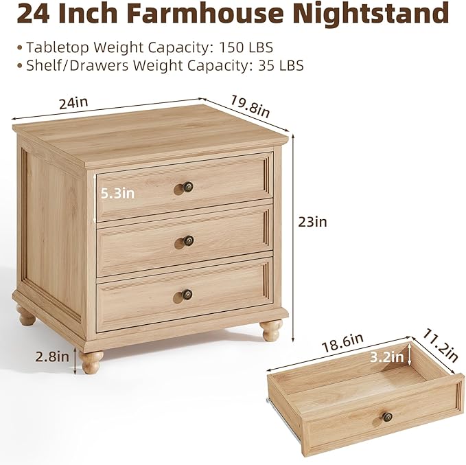24" Wide Farmhouse Night Stand Set of 2,Large End Table with 3 Drawers & Metal Handle,Wood Dresser for Bedroom,Bed Side Table Chest of Drawers Cabinet,Natural Nightstand for Living Room,Closet