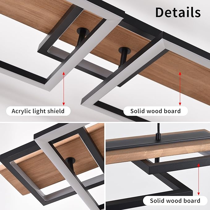 Vintage Wood LED Kitchen Island Light, 65W Stepless CCT Adjustable & Dimmable 47'' 2-Layer Wood Pendant Light Fixture with Remote, Ceiling Mounted Hanging Lamp for Dining Room, Bedroom，Black
