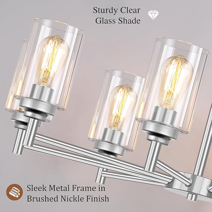 33.5'' 8-Light Chandelier for Dining Room Kitchen Island, Modern Farmhouse Pendant Lighting with Glass Shades Industrial Brushed Nickel Hanging Ceiling Light Fixture for Living Room, Height Adjustable