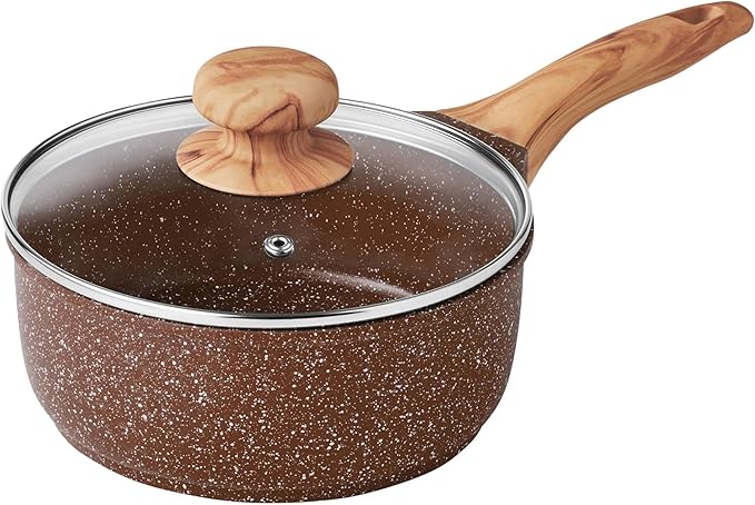 Pioneers Womans Pots and Pans Set Non stick, 14-Piece Cast Aluminum Cookware, Non Stick Kitchen Cooking, with Frying Pans & cooking utensils set (Brown Speckle)