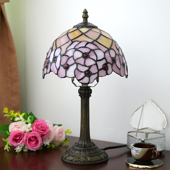 Tiffany Lamp Stained Glass Table Lamp 8X8X14 Inches Desk Reading Light Decor Beside Bedroom Living Room Home (H-1055- Cherry Blossom)