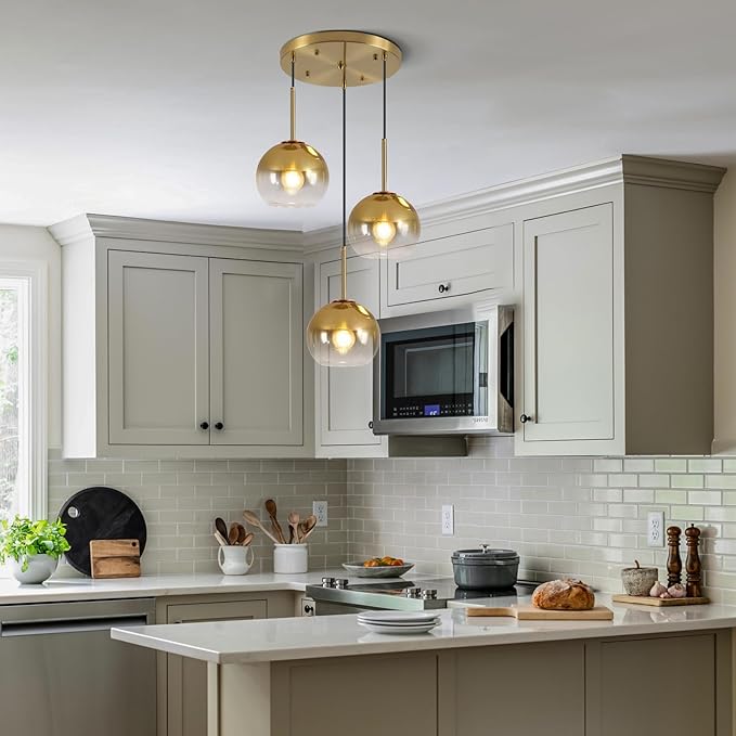 Mikeru Modern Gold Glass Chandelier, 3 Light Cluster Pendant Light Fixtures Kitchen Island Lighting Kitchen Island Pendant Lighting Hanging Lights Multi Light Large Pendant Lighting（Without Bulb）