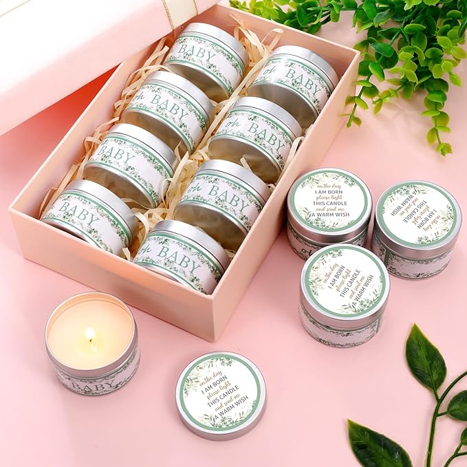 Funtery 12 Pcs Baby Shower Party Favors for Guests Baby Shower Candles Lavender Scented Candle Rustic Tealights Candles Gender Reveal Return Gifts(Leave)