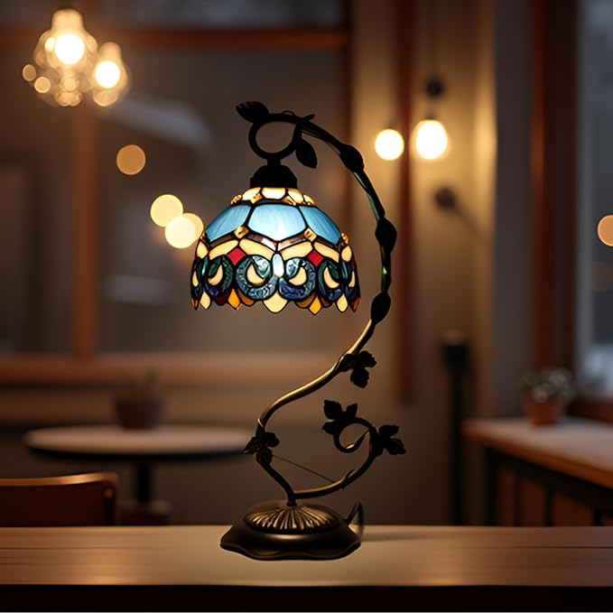 Tiffany Table Lamp, Stained Glass Desk Reading Light,Metal Leaf Table Lamp Base 8X10X21 Inches (Blue Baroque)