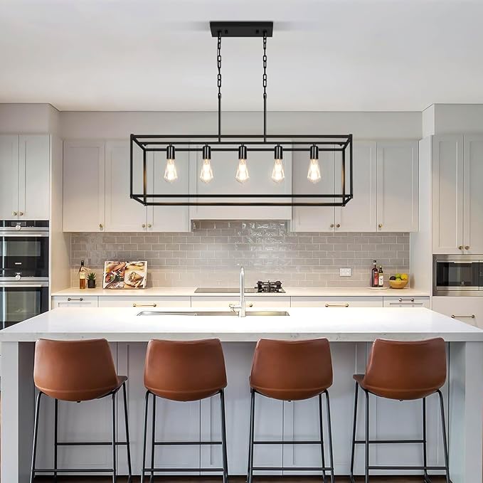 5-Light Rustic Farmhouse Chandelier, Rectangular Metal Kitchen Island Pendant Lighting Fixtures, Black Industrial Linear Hanging Light for Dining Room, Entryway, Foyer, Bar, Living Room