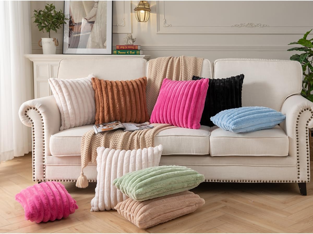 DEELAND Pack of 2,Double-Sided Faux Fur Plush Decorative Throw Pillow Covers Fuzzy Striped Soft Pillowcase Cushion Covers for Sofa Couch Bedroom Brown 24x24 inch