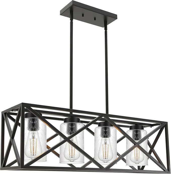 4-Lights Black Farmhouse Rectangle Chandelier Dining Room Light Fixtures, 30.4-Inches Length Contemporary Kitchen Island Pendant Lighting with Seeded Glass Lampshades