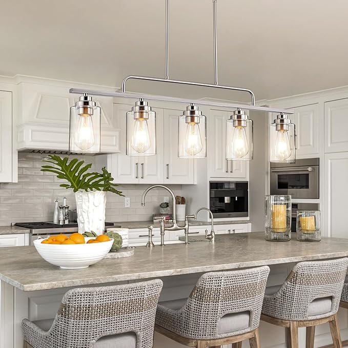 Dining Room Light Fixture - Brushed Nickel 5-Light Farmhouse Chandelier Kitchen Island Lights Fixtures Modern Linear Silvery Chandeliers Hanging Pendant Lighting Over Table