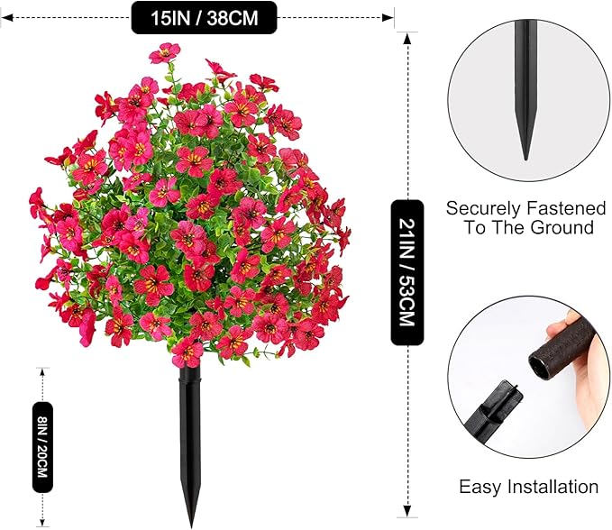 2Pcs 21" Artificial Boxwood Topiary Ball with Flowers Plants with Ground Spikes for Outdoor UV Resistant Realistic Fake Bushes Plants for Garden Yard Front Porch Patio Decor (Violet Rose red)