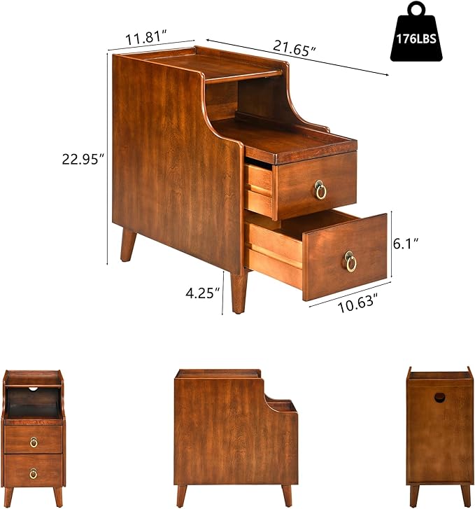 Solid Hardwood End Table with 2 Drawers, Traditional Beside Table with Pull-Out Coffee Tray, Modern Vintage Sofa Chair Side Table Nightstand for Living Room Bedroom, Cherry Brown Accent Table BGA1359